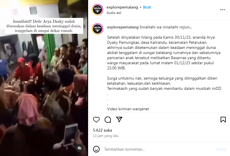 Jenazah balita Arya Dzaky Pamungkas yang ditemukan tak bernyawa di sungai, disambut isak tangis keluarga. (Instagram @explorepemalang)