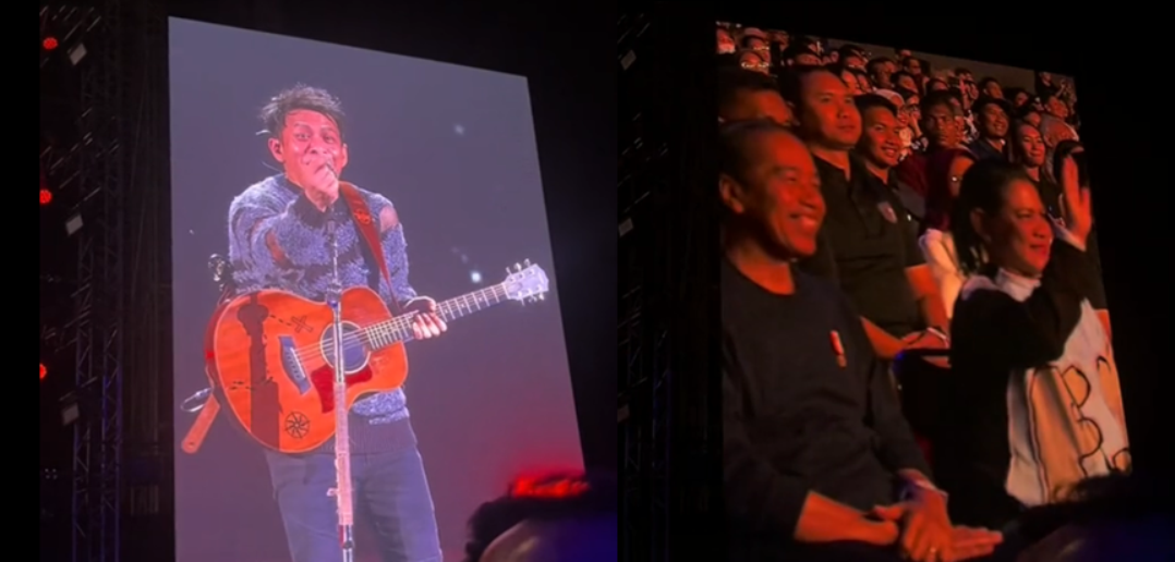 Presiden Jokowi beserta Ibu Iriana hadir di Konser Final NOAH sebelum vakum. Ariel memberikan Finger Heart dan lagu Menghapus Jejakmu, khusus untuk Ibu Iriana. (TikTok @put.hani)