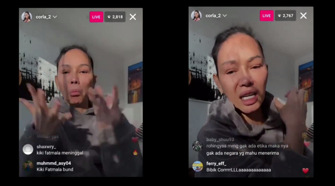 Bunda Corla respons negatif perilaku imigran Rohingya dalam tayangan live Instagramnya. (Instagram @corla_2, X @kegblgnunfaedh)