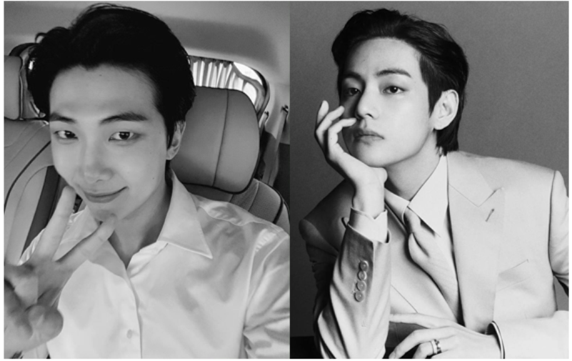 RM (Kim Nam-joon) dan V (Kim Tae-hyung), personel boygroup BTS, menjalani wajib militer, Senin (11/12/2023). (Instagram @rkive dan @thv)