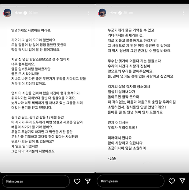 Tulisan pesan perpisahan RM BTS untuk penggemar, sebelum wajib militer. (Instastory RM BTS,  @rkive)