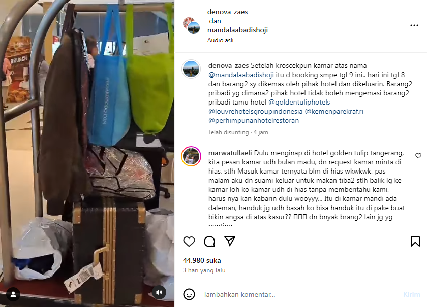 Deanova memperlihatkan bagasi Mandala dan dirinya yang dikemas dan dikeluarkan pihak hotel tanpa izin. (Instagram @denova_zaes)