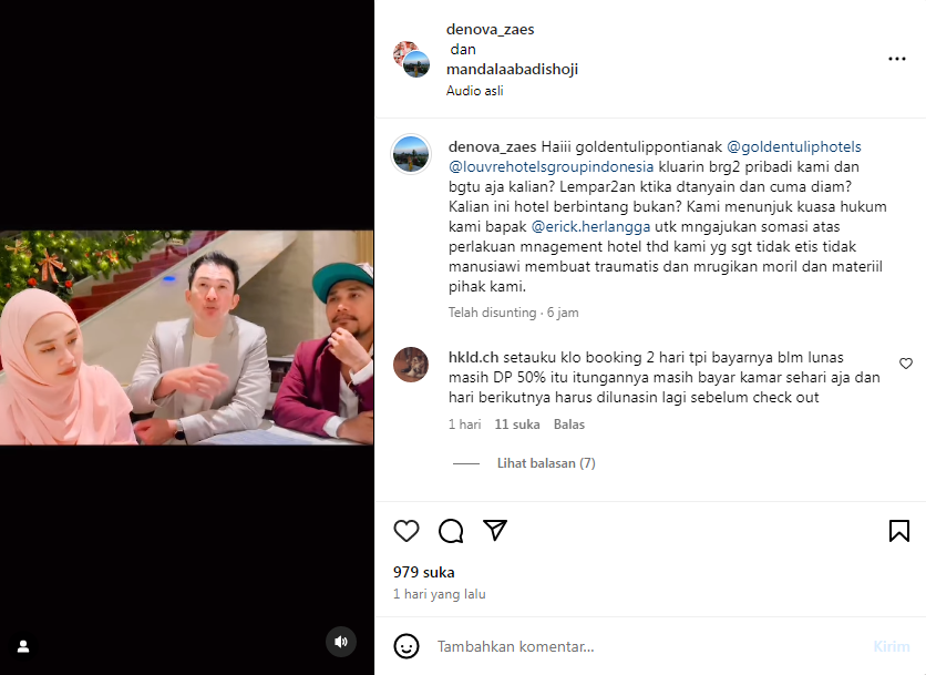 Mandala telah menunjuk pengacara dan akan mengajukan tuntutan hukum pidana dan perdata apabila tak direspons pihak hotel. (Instagram @denova_zaes)