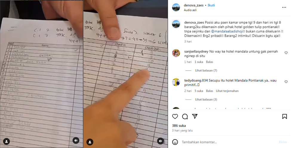 Deanova tunjukkan catatan tanggal check-in dan check-out dari hotel. (Instagram @denova_zaes)