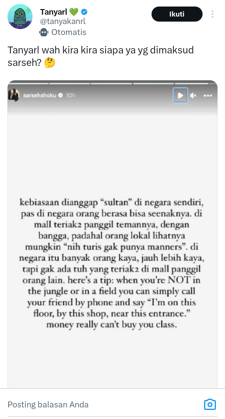 Unggahan Sarah Secahn yang diduga menyindir perilaku Nagita Salavina. (Instastory @sarsehshoku) yang direpost akun X, @tanyakanrl)