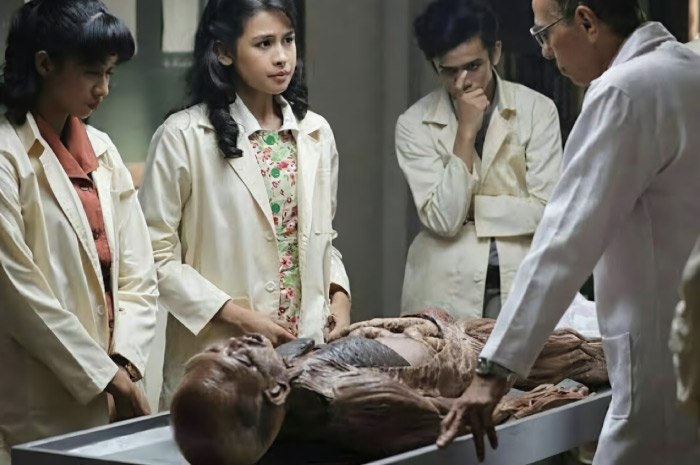 Ilustrasi Cadaver dengan dokter ahli dan mahasiswa praktikum.