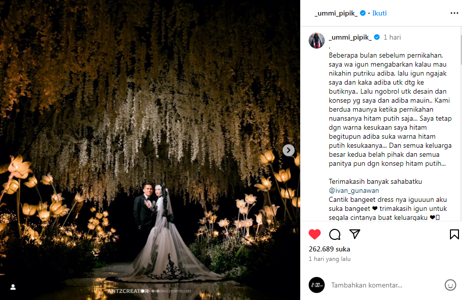 Unggahan ucapan terima kasih Umi Pipik kepada Ivan Gunawan atas gaun pengantin rancangannya untuk Adiba Khanza. (Instagram @_umi_pipik_)