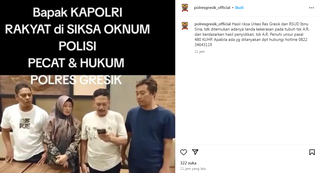 Polres Gresik berikan klarifikasi atas video Pernyataan Terbuka keluarga Aditya Rosadi, atas dugaan penganiayaan yang ilakkan oknum polisi Polres Gresik. (Instagram @polresgresik_official)