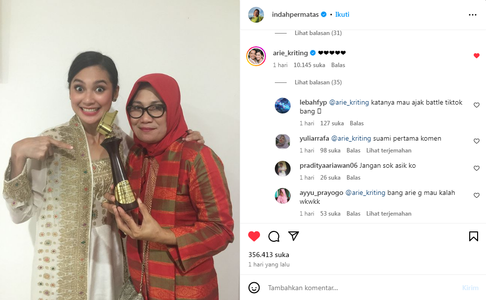 Arie Kriting turut mengomentari unggahan Indah Permatasari, Jumat (22/12/2023). (Instagram, @indahpermatas)