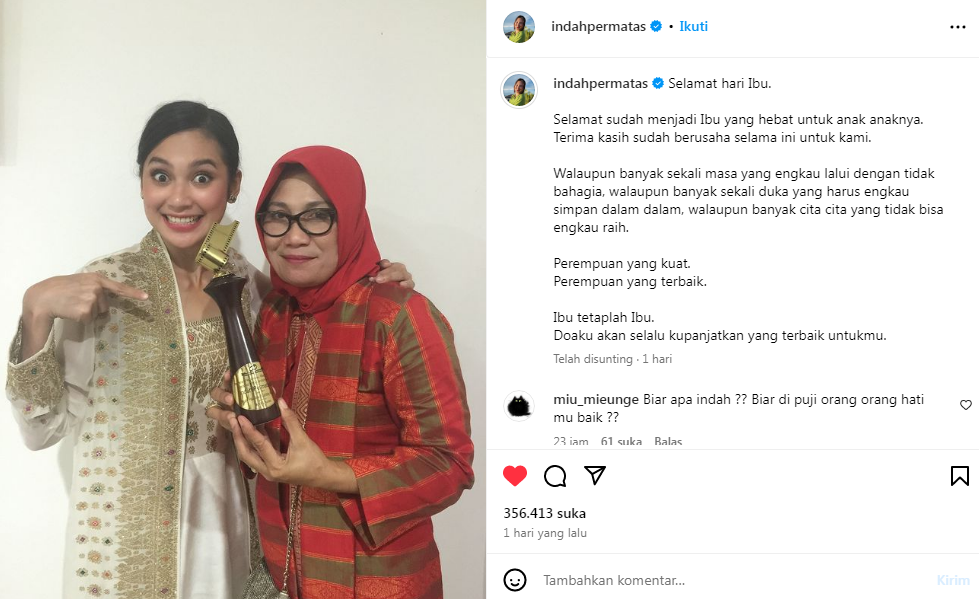 Pesan haru Indah Permatasari untuk sang bunda, Nursyah, di momen perayaan Hari Ibu, Jumat (22/12/2023). (Instagram, @indahpermatas)