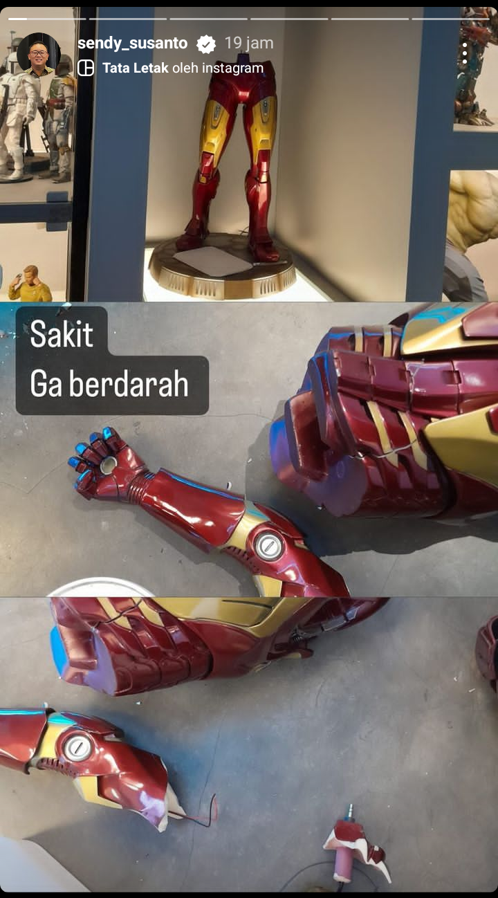 Action figure Iron Man yang pecah, akibat tak sengaja dijatuhkan seorang anak pengunjung toko Iconic Joga (Instastory @sendy_susanto)