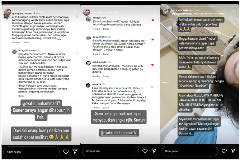 Unggahan pemilik Pajero (korban) berisi tangkapan layar komentar pihak perwakilan PO Haryanto di postingan @infoupdatejateng. (Instagram @atra_aticarahma)