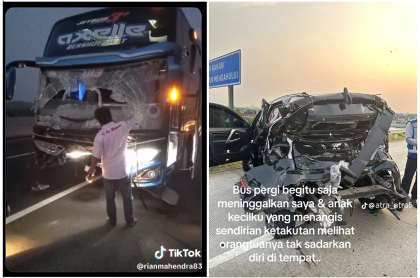 Kondisi body belakang mobil Pajero yang ringsek setelah diseruduk bus PO Haryanto. (TikTok @rianmahendra83 dan @atra_atra6)