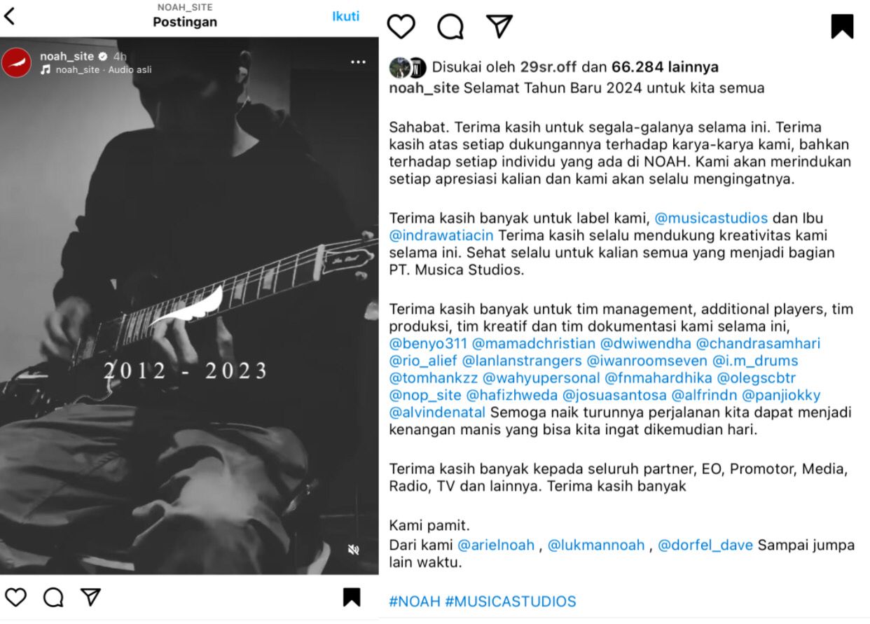Screen capture dari unggahan postingan perpisahan band Noah