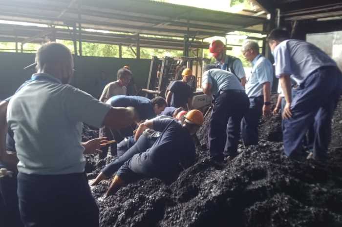 Sejumlah karyawan sedang mengeruk batu bara yang menimbun Abdul Wahit.