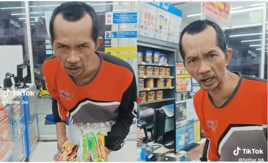 Viral di media sosial,  video aksi protes seorang customer minimarket yang keberatan membayar harga plastik untuk wadah barang belanjaannya. (TikTok @fathur.b6)