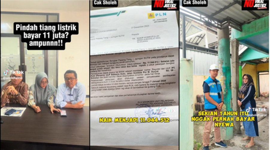 Viral di TikTok dan media sosial, seorang warga Sidoarjo ditagih Rp 11 juta oleh PLN, untuk memindahkan tiang listrik di rumahnya sendiri. (TikTok @sholehviral)