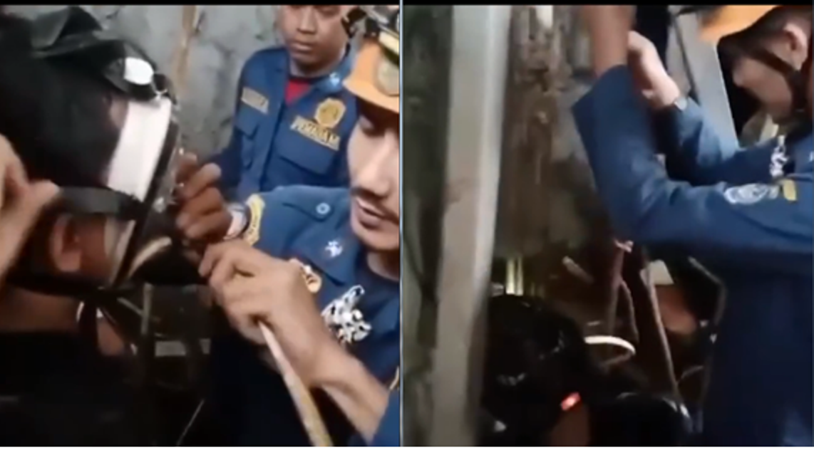 Aksi Damkar dalam menyelamatkan iPhone 14 milik warga yang terjatuh ke dalam sumur. (Instagram @folkshit)