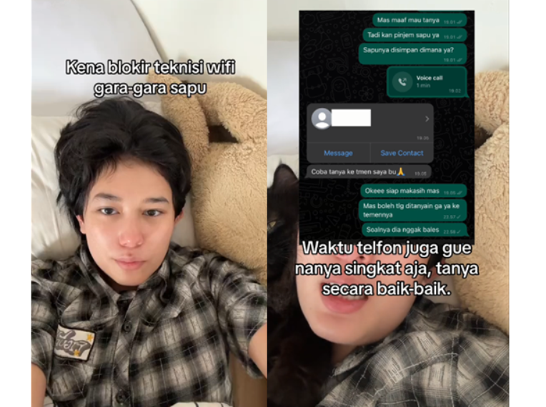 Viral di TikTok, curhatan seorang wanita yang diblokir kontak Whatsapp-nya oleh teknisi WiFi, hanya karena perkara sapu. (TikTok @racerlaoban)
