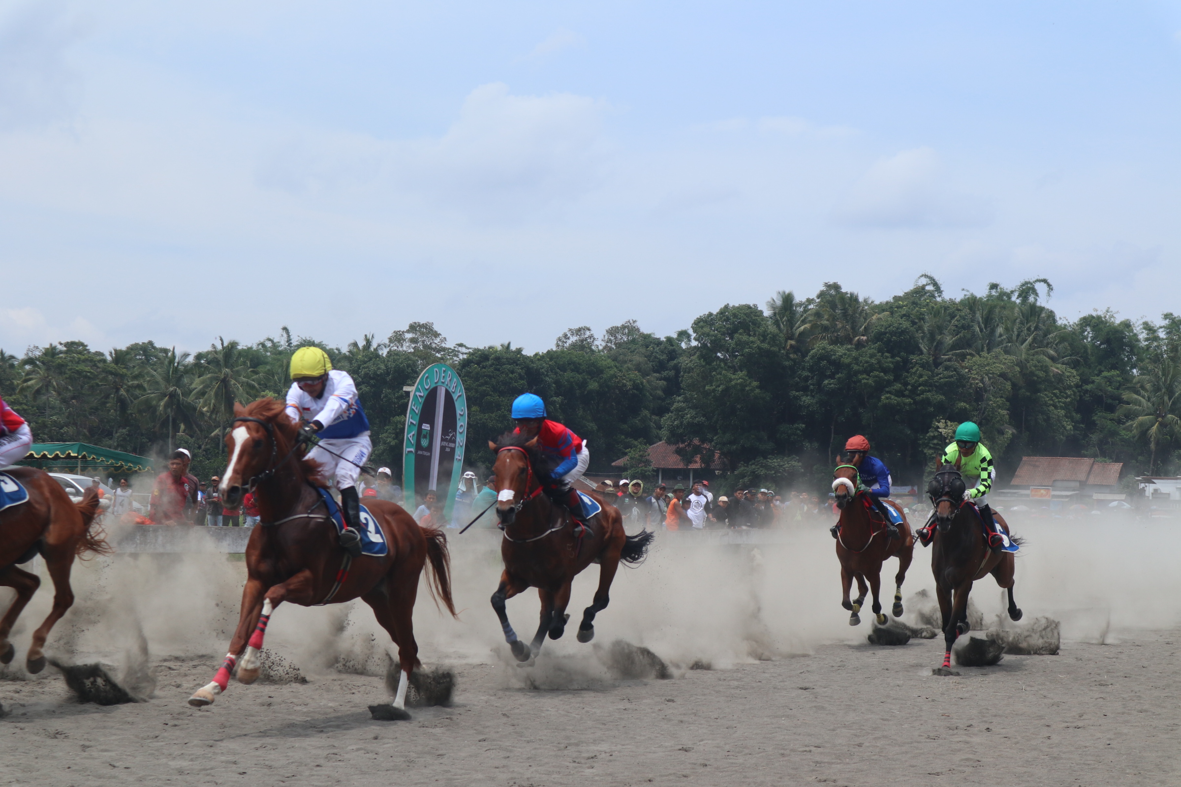 Beberapa kuda bersama penunggangnya saat beraksi di lapangan pacuan kuda, Desa Tegalwaton