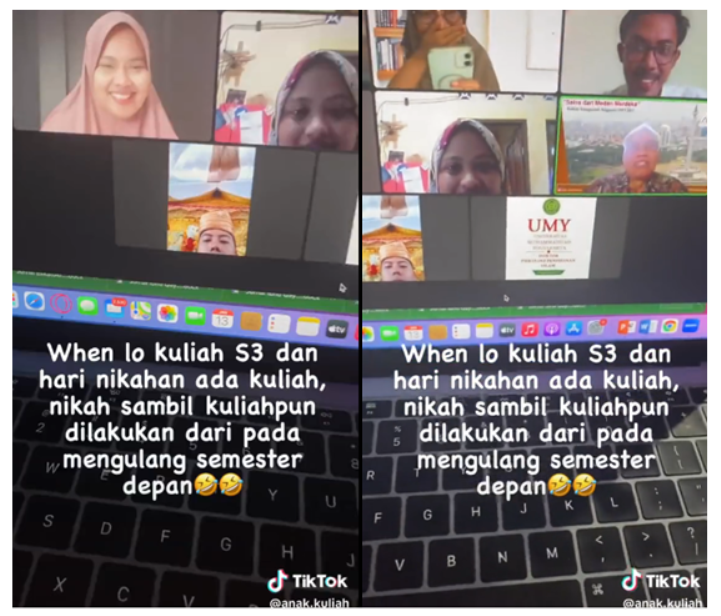 Seorang mahasiswa S3 mengikuti kuliah online di hari pernikahannya, demi tak mengulang mata kuliah di semester depan. (TikTok @anak.kuliah)