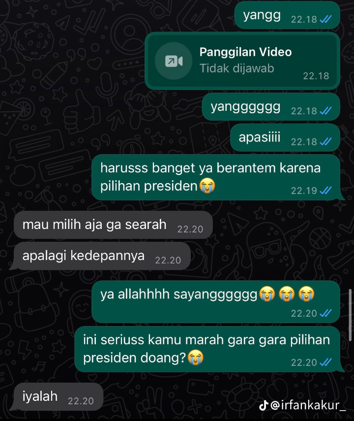 Chat viral seorang TikToker yang sedang bertengkar dengan kekasihnya hanya karena beda pilihan capres. (TikTok @irfankakur_)