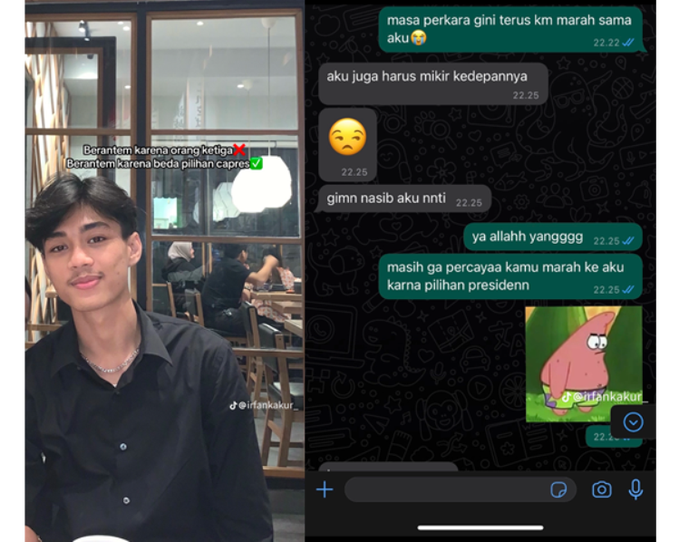Viral di TikTok, seorang lelaki berantem dengan kekasihnya hanya karena beda pilihan capres, bahkan WA sampai diblokir. (TikTok@irfankakur_)