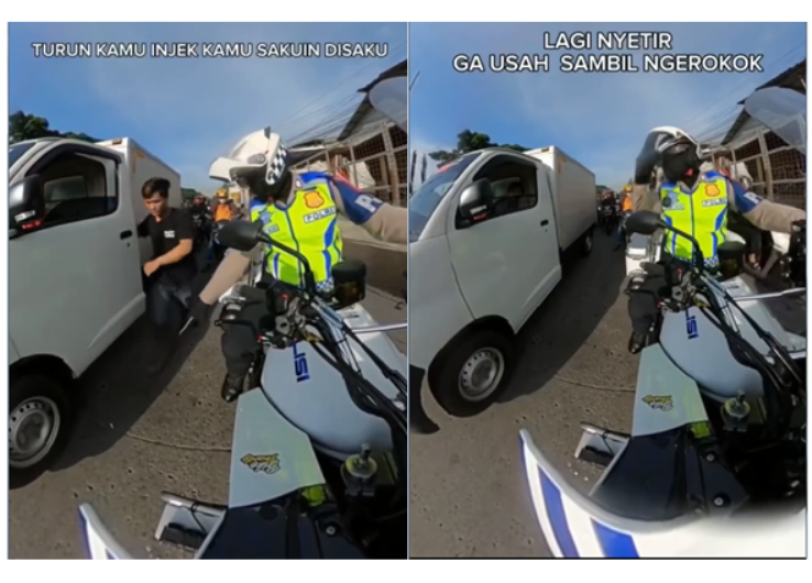 Viral seorang polisi motovlogger menegur pengendara mobil yang buang puntung rokok sembarangan di kawasan Gede Bage, Bandung. (TikTok @hilmyalx)