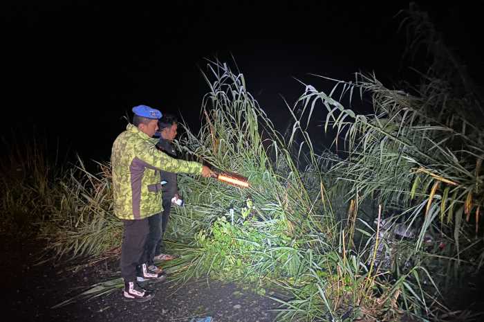 Petugas menunjukkan lokasi mobil yang terperosok ke jurang di jalur Sikarim, Desa Sembungan, Dieng, Kabupaten Wonosobo.  &nbsp;