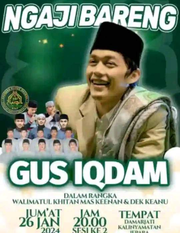 Gus Iqdam, sosok pendakwah muda yang cukup kodang akan melakukan pengajian di sejumlah kota di Jawa Tengah dan Jawa Timur.