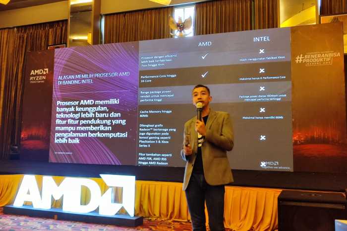 Retail and Product Enablement Manager AMD Indonesia Donnie Brahmandhika memberikan paparan keunggulan prosesor AMD seri terbaru. KHAFIFAH ARINI PUTRI/JAWA POS RADAR SEMARANG