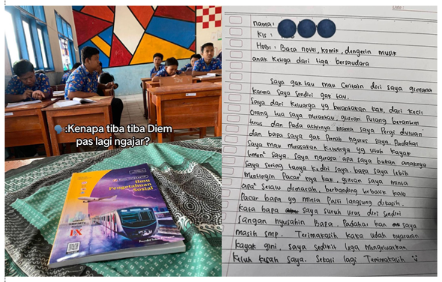 Viral di media sosial, unggahan seorang guru SMP yang terdiam mendadak usai membaca surat curhatan pilu muridnya, saat mengajar di kelas. (TikTok @khatamiiiiii)