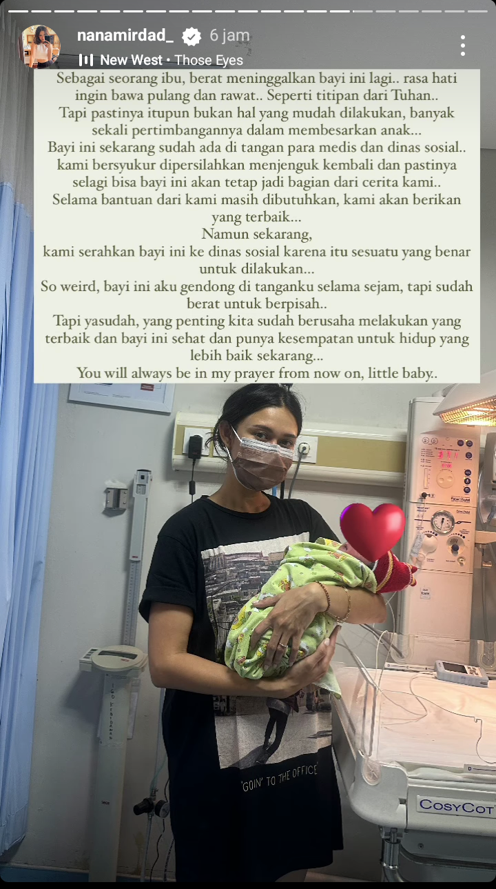 Artis Nana Mirdad berbagi kisah mengharukan, dimana ia menemukan bayi baru lahir di semak belukar di dekat rumahnya. (Instastory @nanamirdad_)