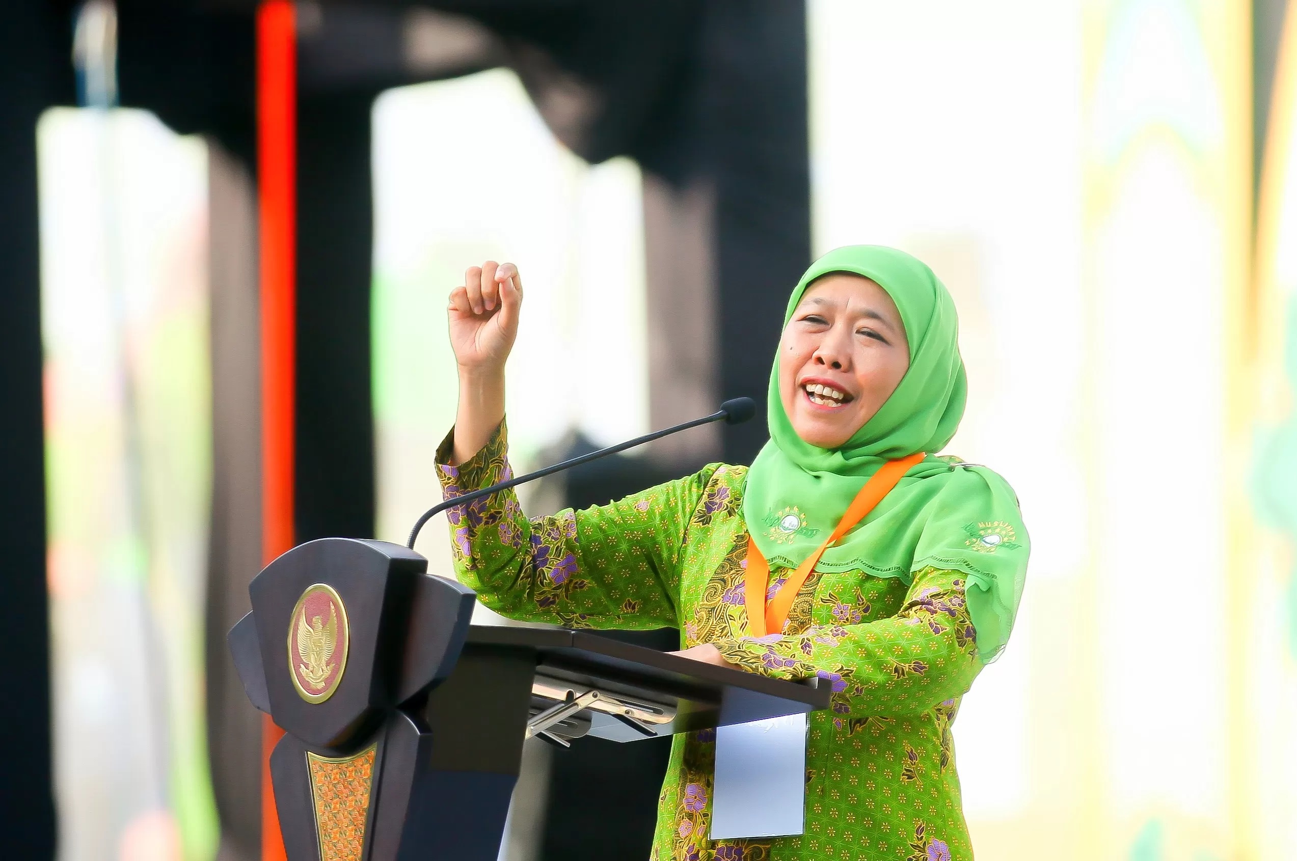 Ketua Umum Pimpinan Pusat Muslimat NU Khofifah Indar Parawansa, dalam acara Harlah Ke-78 Muslimat NU di Stadion Utama GBK Jakarta. (DERY RIDWANSAH/ JAWAPOS.COM)