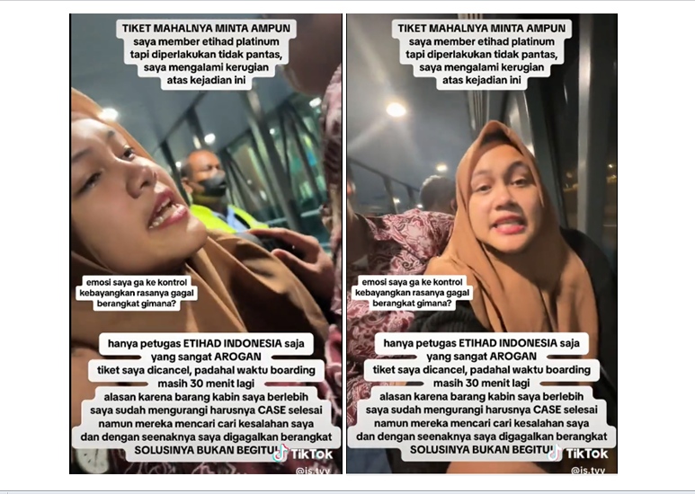 Viral di media sosial, seorang penumpang maskapai Etihad Indonesia yang menangis histeris karena gagal terbang. (TikTok @is.tyy_)