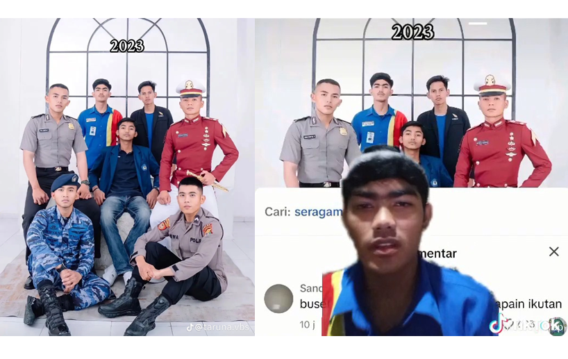 Pegawai Indomaret tanggapi nyinyiran netizen perkara dirinya foto bareng bersama kawan-kawan SMA lainnya yang sukses masuk polisi dan TNI. (TikTok @taruna.vbs dan irvanersandii_)
