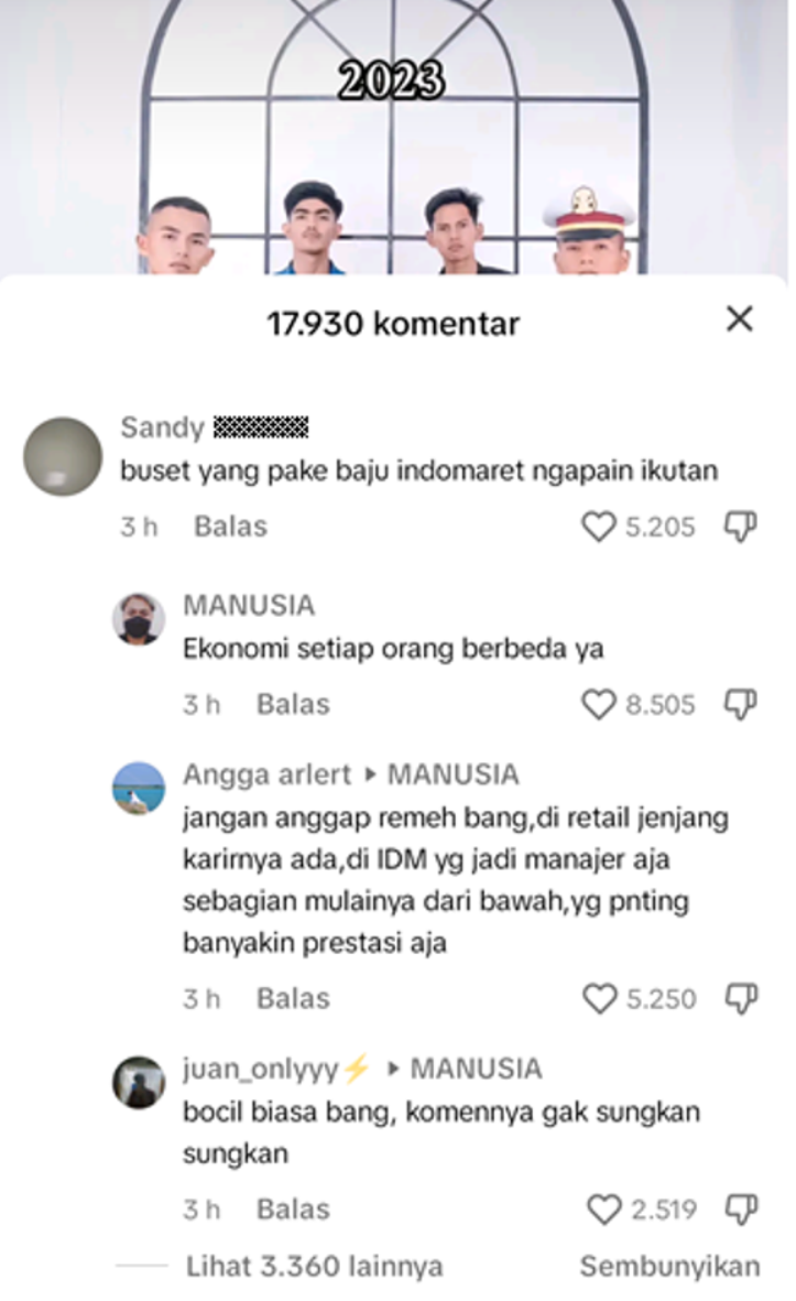 Komentar julid netizen pengguna akun  TikTok @sandy*** yang meremehkan profesi Irvan Ersandi selaku karyawan Indomaret. (TikTok @taruna.vbs)