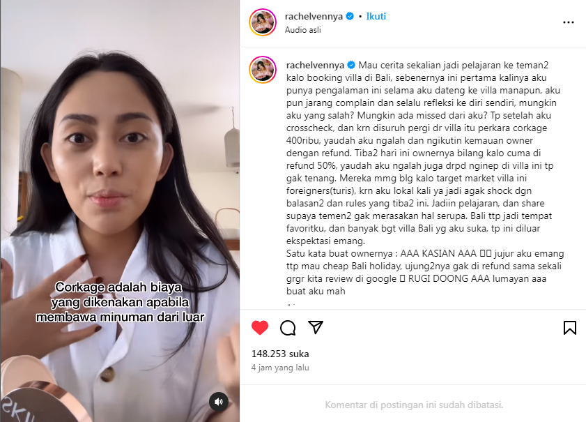 Influencer Rachel Vennya curhat  di media sosial, bahwa dirinya baru saja mengalami insiden scam luxury villa di sebuah vila mewah di Bali. (Instagram @rachelvennya)