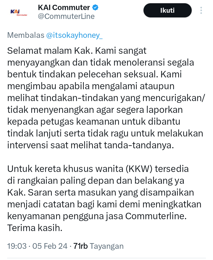 Tanggapan KAI Commuter Line pada unggahan video dugaan aksi pelecehan seksual, (X (Twitter) @itsokayhoney_)