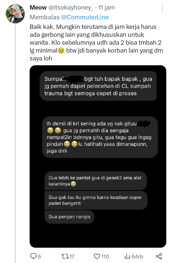 Respons pengunggah video pada balasan komentar Humas KAI Commuter Line atas video dugaan aksi pelecehan seksual. (X (Twitter) @itsokayhoney_)