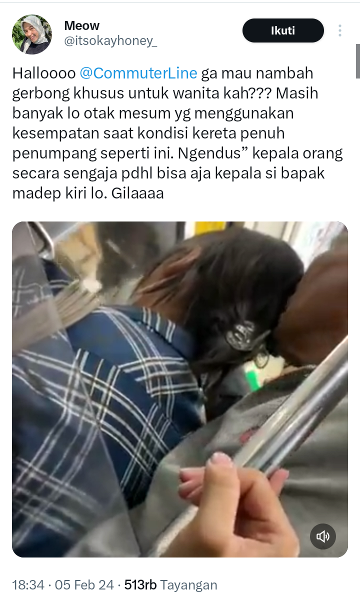Viral video dugaan aksi pelecehan seksual seorang pria terhadap seorang penumpang wanita di KRL Commuter Line. (X (Twitter) @itsokayhoney_)