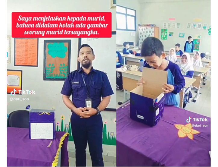 Seorang guru SD di Jakarta membuat murid-muridnya bahagia sekaligus terharu, ketika diminta menebak gambar murid paling disayang. (TikTok @dari_son)