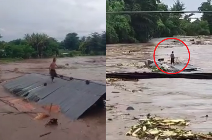 Tangkapan layar video seorang pria hanyut terbawa arus banjir Bersama rumahnya.