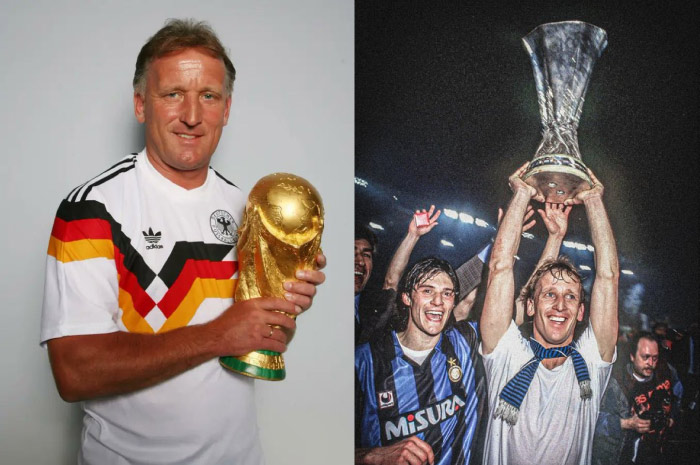Legenda sepak bola Jerman Andreas Brehme saat menjuarai Piala Dunia 1990, dan juara Piala UEFA bersama Inter Milan.