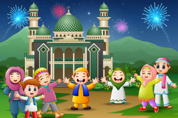 Ilustrasi keluarga bahagia saat sambut Ramadhan dengan berpantun ria.