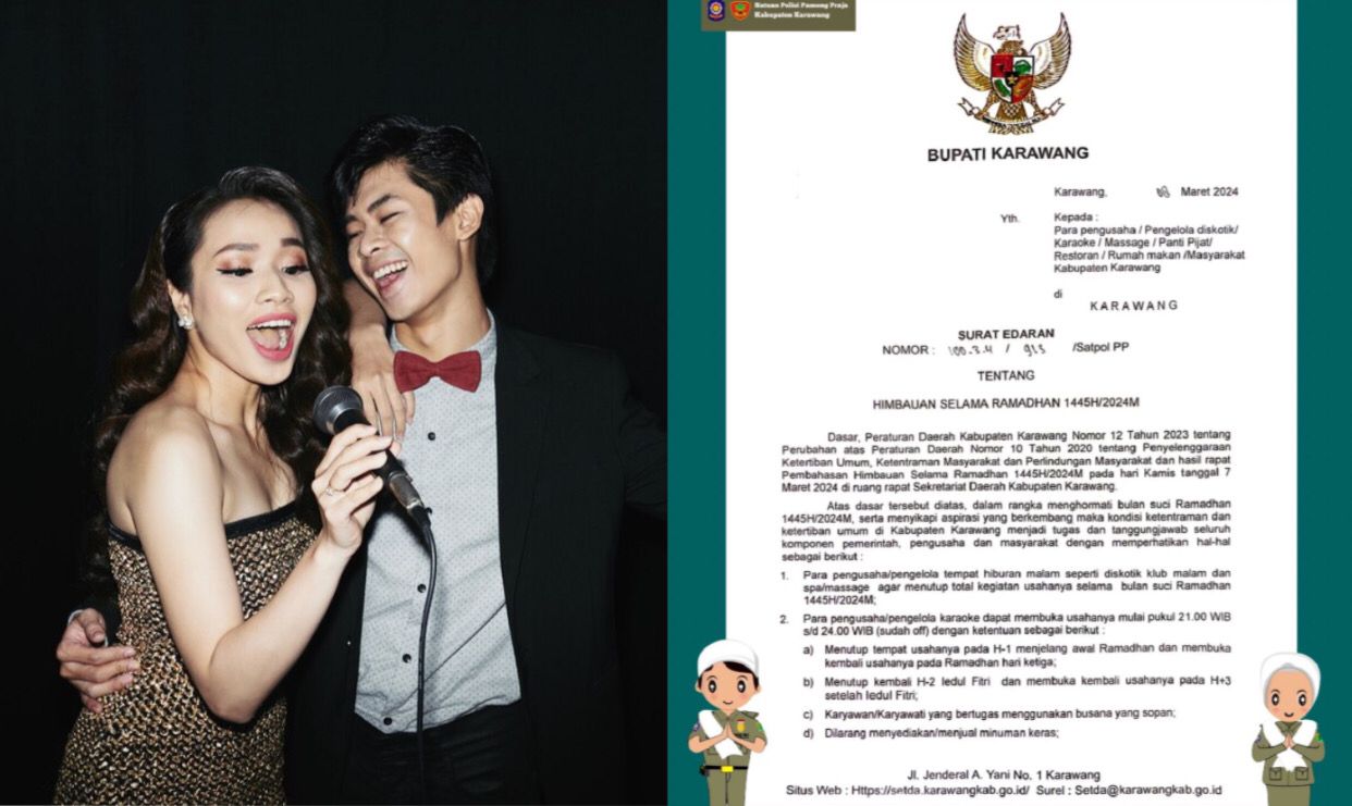 Ilustrasi karaoke dan surat edaran himbauan Pol PP Karawang