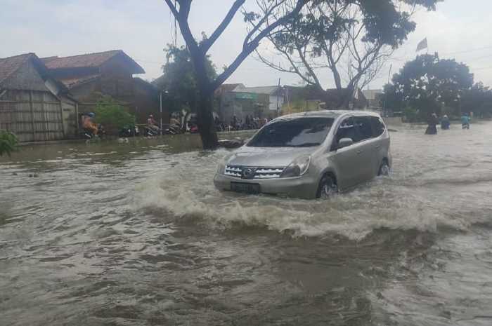 Kendaraan nekat melalui jalan alternatif Desa Prampelan, Kecamatan Sayung yang teremdam banjir. (Wahib&nbsp;Pribadi/Jawa Pos Radar Semarang)