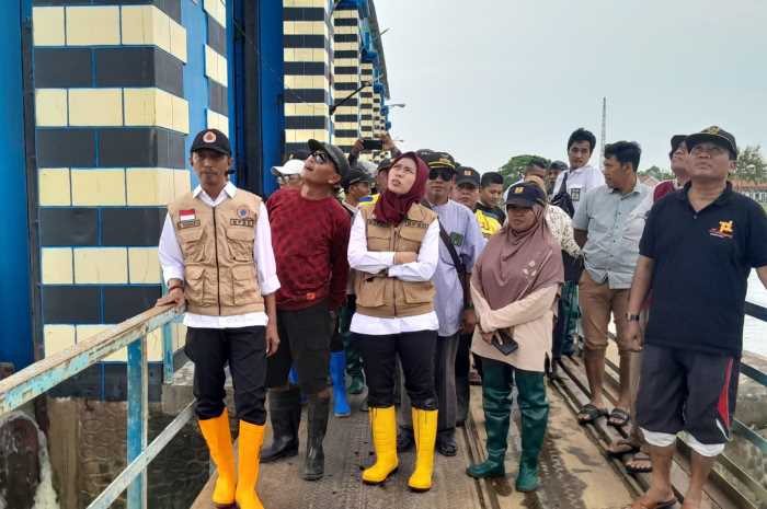 Bupati Demak dr Eistianah saat meninjau Bendung Wilalung diperbatasan Demak dan Kudus. (Wahibpribadi)