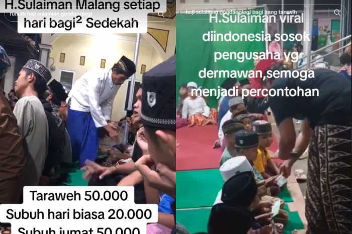 Tangkapan layar video viral Haji Sulaiman bagi-bagi uang ke jamaah sholat tarawih.