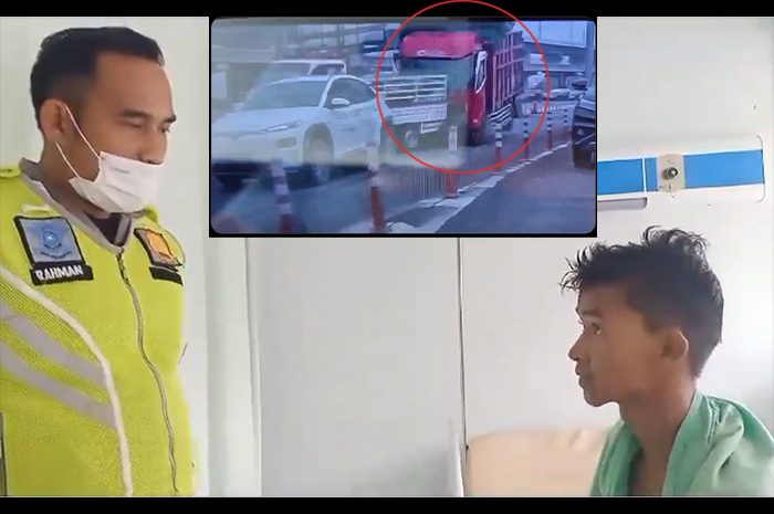 Tangkapan layar, supir truk saat diinterogasi petugas setelah insiden kecelakaan yang melibatkan 7 kendaraan mengalami tabrakan beruntun di Gerbang Tol Halim Utama Jakarta.